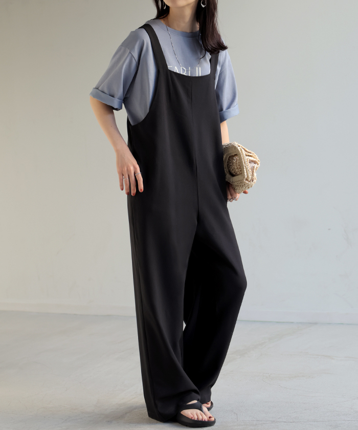 サロペット ウールライク イージーケア ロング レディース サロペ 洗濯機 可 パンツ シワになりにくい ストレッチ ノースリーブ ワイド オーバーオール | HUG.U | 04