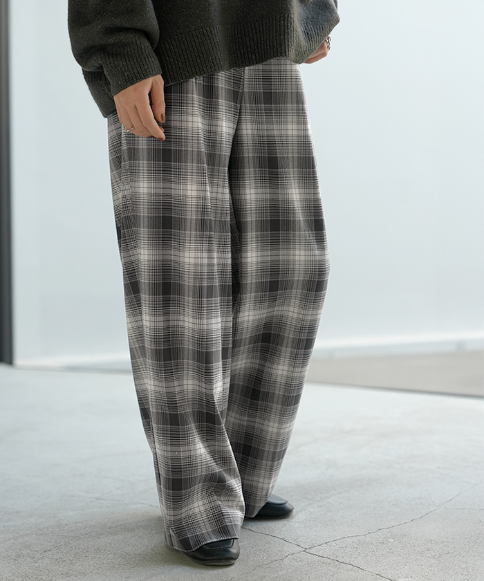 パンツ チェック 柄 洗える 選べる2丈 ワイド レディース ワイドパンツ ロング ロングパンツ ボトムス ボトム ストレート ハイウエスト ストレッチ ゆったり | HUG.U | 02