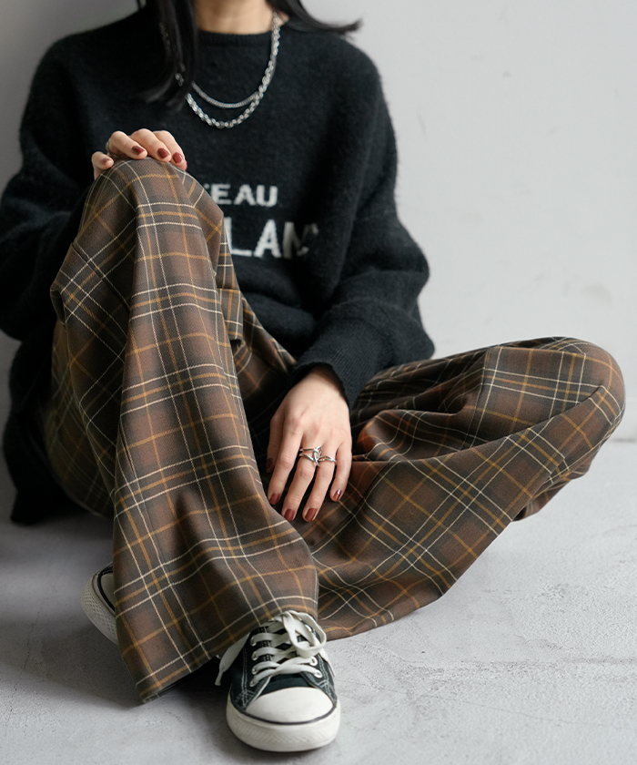 パンツ チェック 柄 洗える 選べる2丈 ワイド レディース ワイドパンツ ロング ロングパンツ ボトムス ボトム ストレート ハイウエスト ストレッチ ゆったり | HUG.U | 01