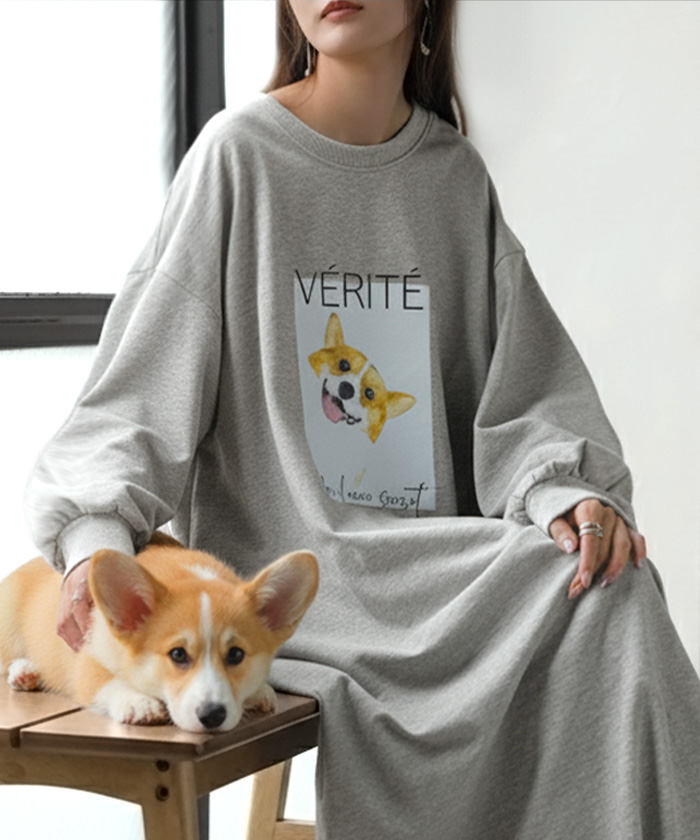 ワンピース コーギー プリント ワンピ レディース ロングワンピース カットソー ロングワンピ ロング Tシャツ ロゴ ロンT  Aライン マキシ マキシワンピース | HUG.U | 01