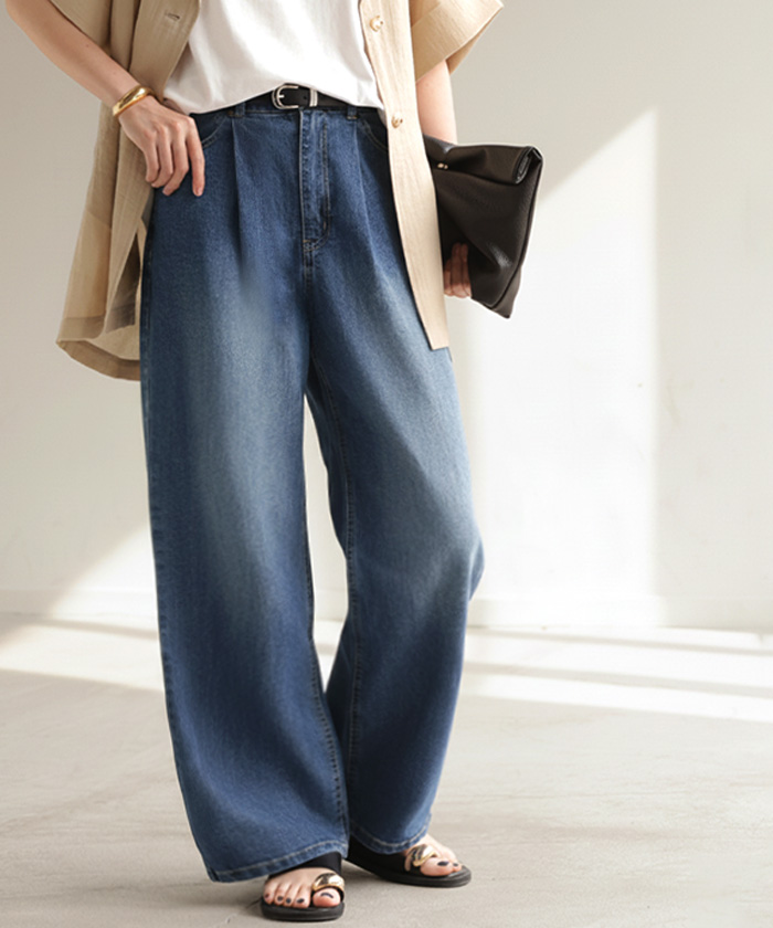 パンツ 新感覚デニム レディース ジーパン 選べる 2丈 タックパンツ ストレート ストレッチ ボトムス ボトム ズボン ロング 伸びる ウエストゴム ハイウエスト | HUG.U | 02