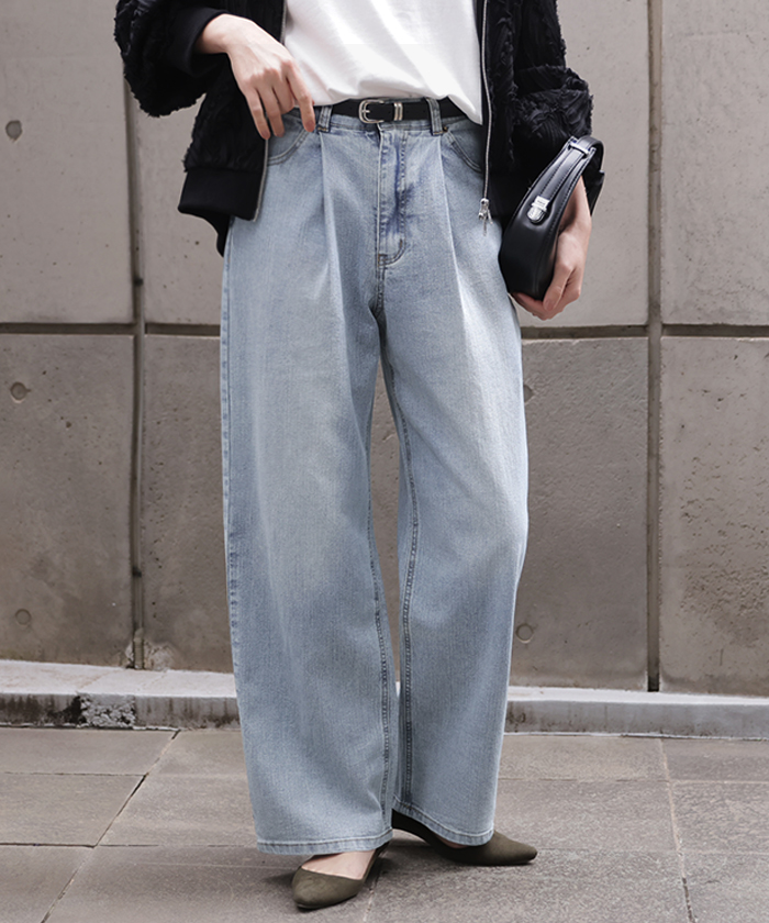 パンツ 新感覚デニム レディース ジーパン 選べる 2丈 タックパンツ ストレート ストレッチ ボトムス ボトム ズボン ロング 伸びる ウエストゴム ハイウエスト | HUG.U | 01