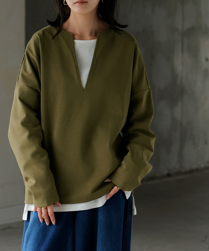 ロンT 選べる ネック ポンチ レディース トップス 長袖 Tシャツ カットソー ロング ティーシャツ シワになりにくい | HUG.U | 03