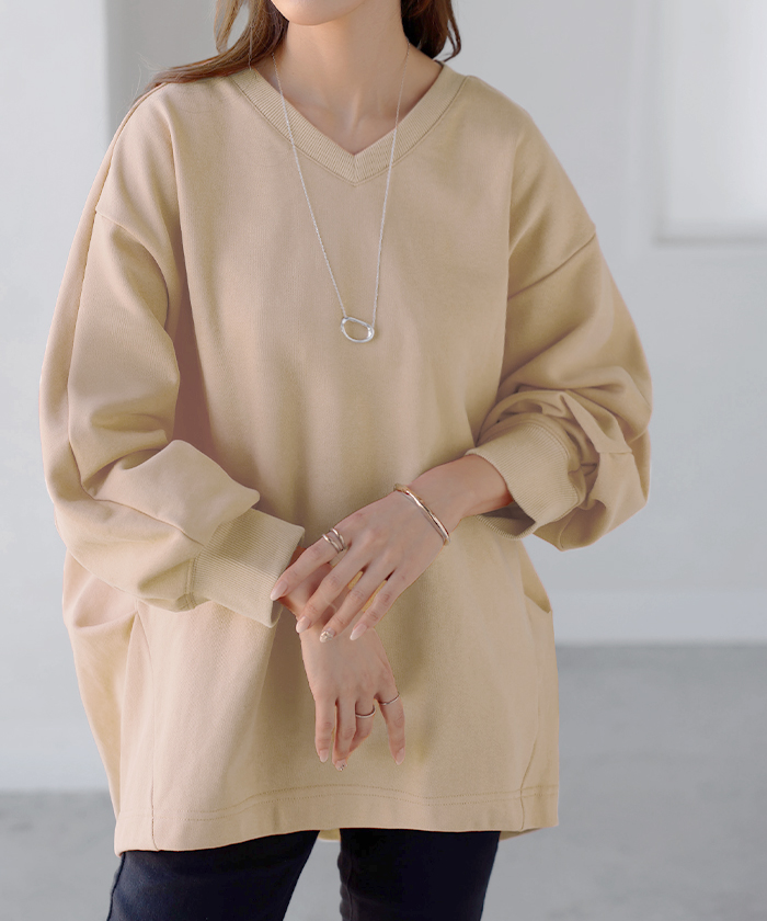 スウェット タック レディース トップス ロング トレーナー オーバー プルオーバー 無地 長袖 長い ドルマン Vネック ボリュームスリーブ リブ オーバーサイズ | HUG.U | 02