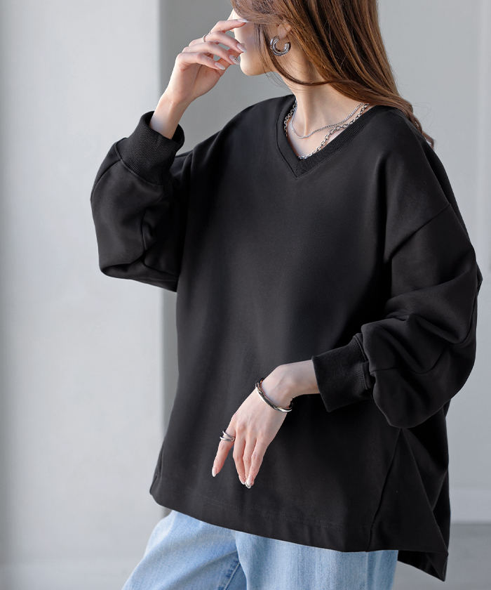 スウェット タック レディース トップス ロング トレーナー オーバー プルオーバー 無地 長袖 長い ドルマン Vネック ボリュームスリーブ リブ オーバーサイズ | HUG.U | 13