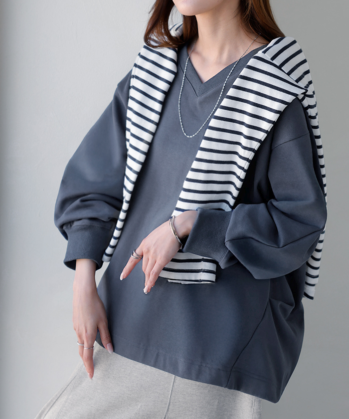 スウェット タック レディース トップス ロング トレーナー オーバー プルオーバー 無地 長袖 長い ドルマン Vネック ボリュームスリーブ リブ オーバーサイズ | HUG.U | 05