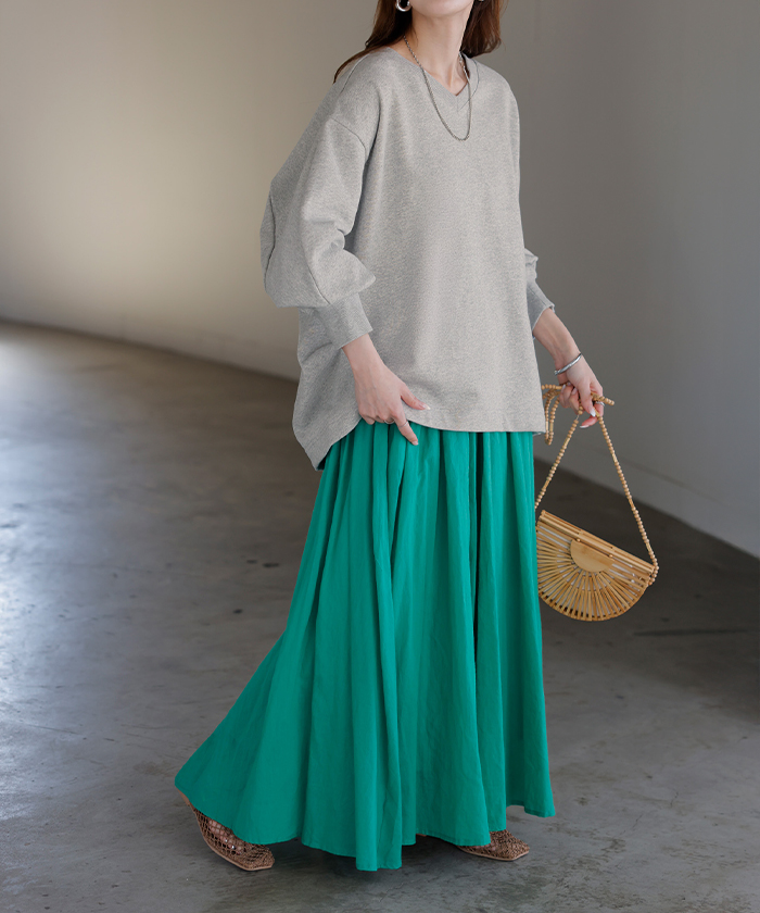 スウェット タック レディース トップス ロング トレーナー オーバー プルオーバー 無地 長袖 長い ドルマン Vネック ボリュームスリーブ リブ オーバーサイズ | HUG.U | 07