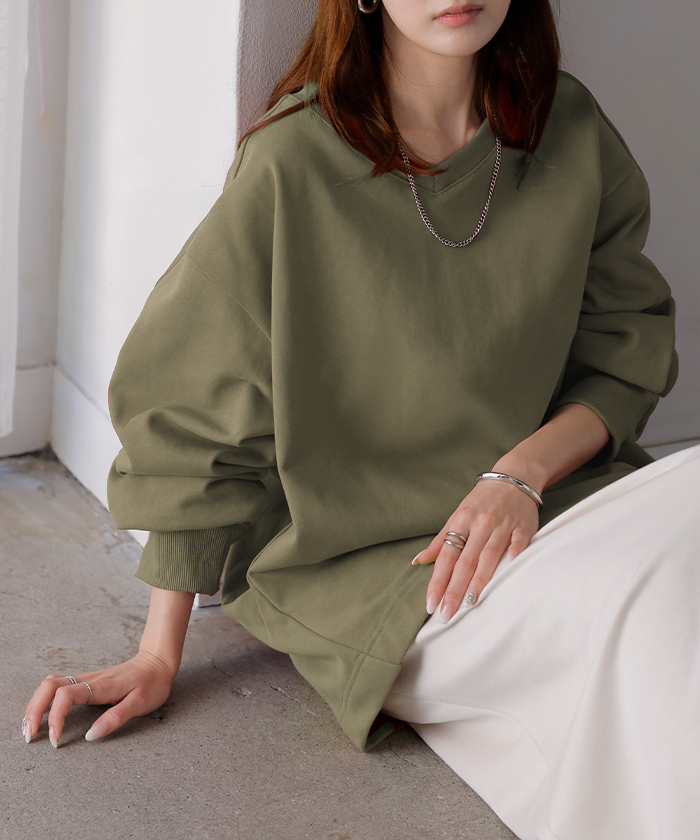 スウェット タック レディース トップス ロング トレーナー オーバー プルオーバー 無地 長袖 長い ドルマン Vネック ボリュームスリーブ リブ オーバーサイズ | HUG.U | 08