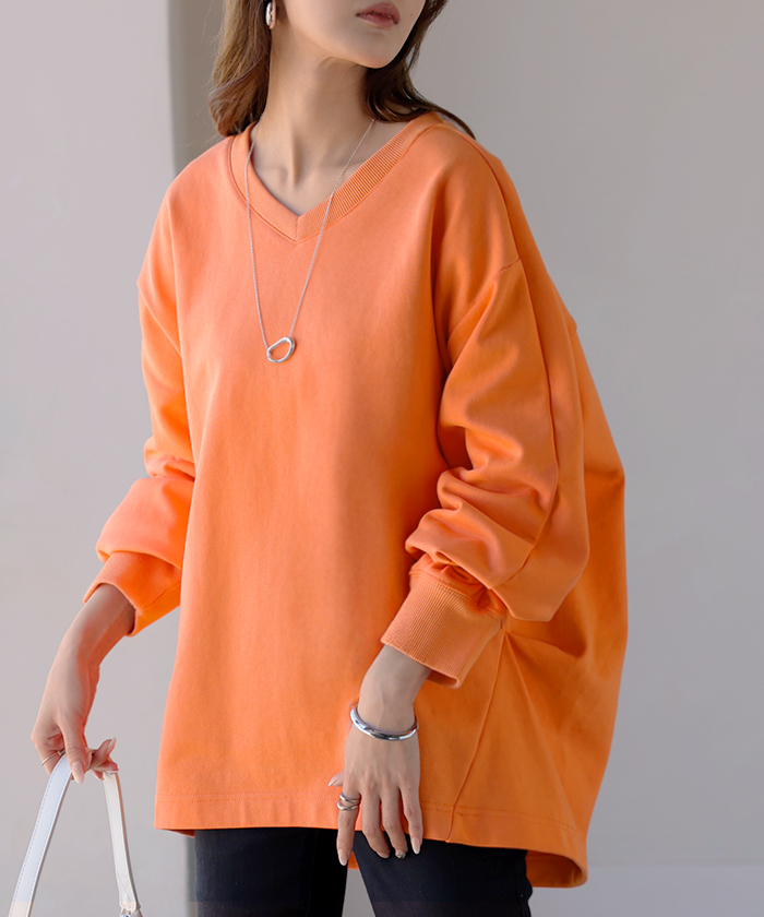 スウェット タック レディース トップス ロング トレーナー オーバー プルオーバー 無地 長袖 長い ドルマン Vネック ボリュームスリーブ リブ オーバーサイズ | HUG.U | 10