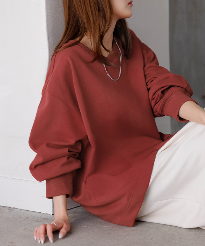 スウェット タック レディース トップス ロング トレーナー オーバー プルオーバー 無地 長袖 長い ドルマン Vネック ボリュームスリーブ リブ オーバーサイズ | HUG.U | 03