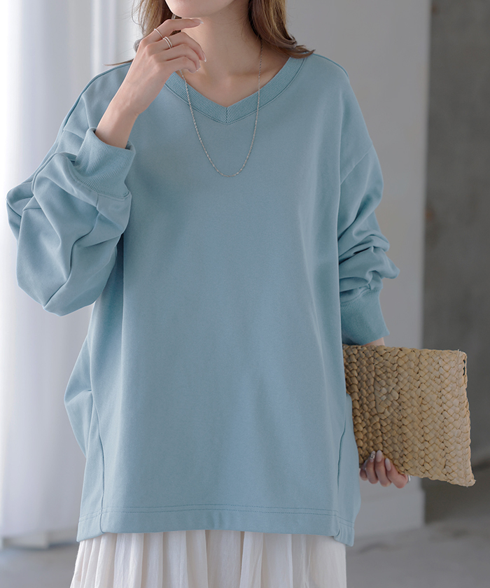 スウェット タック レディース トップス ロング トレーナー オーバー プルオーバー 無地 長袖 長い ドルマン Vネック ボリュームスリーブ リブ オーバーサイズ | HUG.U | 11