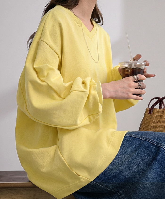 スウェット タック レディース トップス ロング トレーナー オーバー プルオーバー 無地 長袖 長い ドルマン Vネック ボリュームスリーブ リブ オーバーサイズ | HUG.U | 12