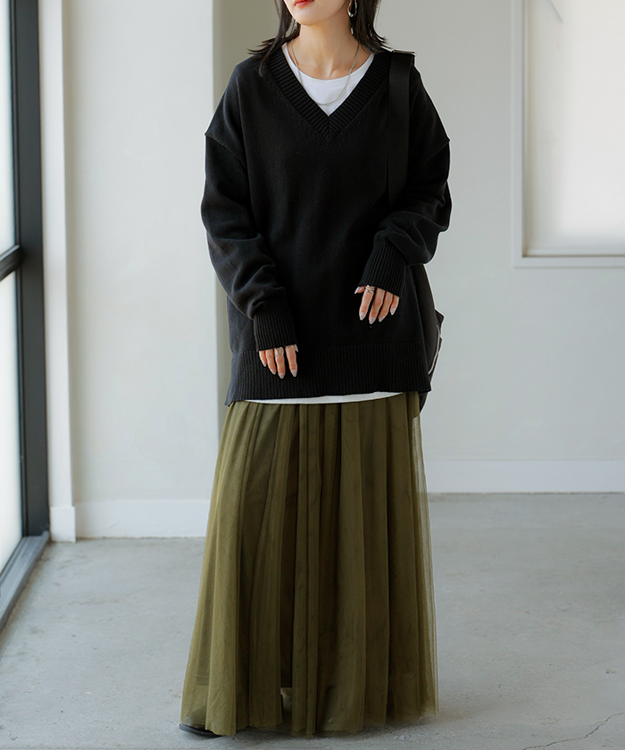 ニット ロング レディース トップス セーター ハイゲージ オーバー プルオーバー 長袖 ボリュームスリーブ | HUG.U | 07