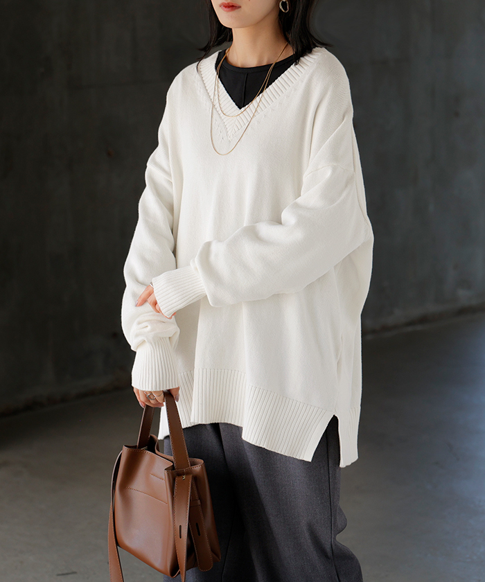 ニット ロング レディース トップス セーター ハイゲージ オーバー プルオーバー 長袖 ボリュームスリーブ | HUG.U | 01