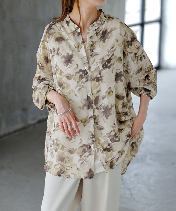 シャツ レディース ノーカラー シアー 総柄 トップス バンドカラー シワになりにくい ブラウス ロング | HUG.U | 02