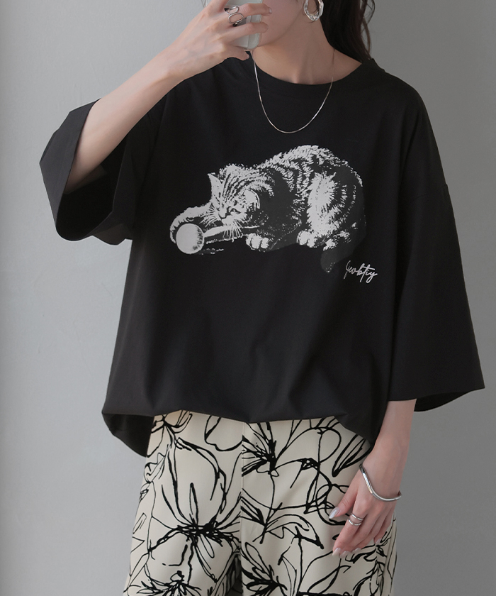 HUG.U SALE カットソー 猫 Tシャツ 接触冷感 ロゴ トップス