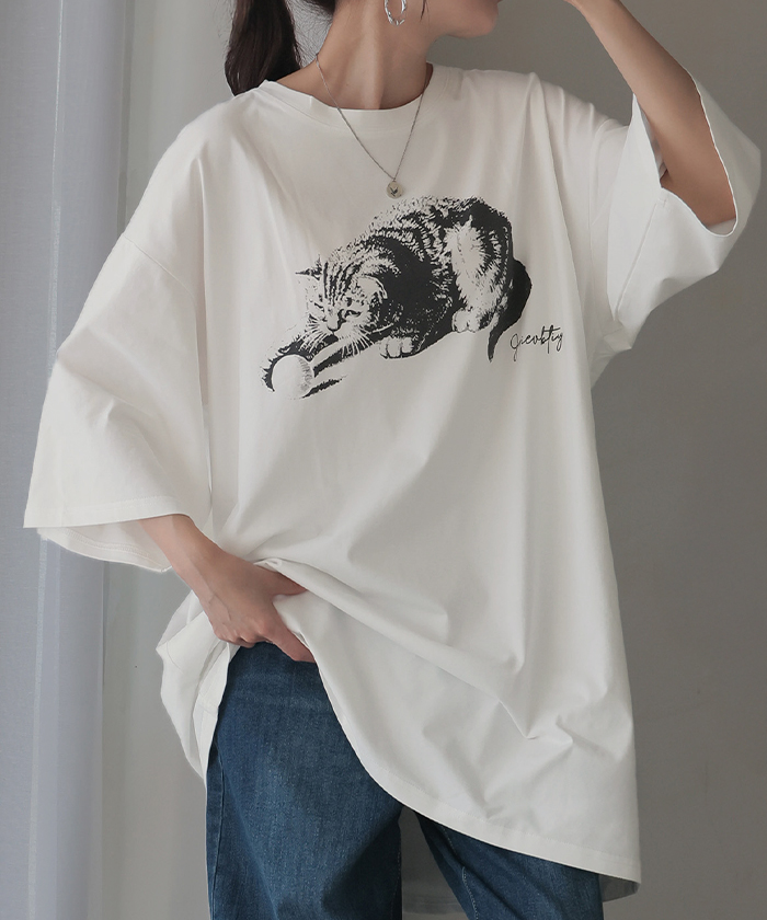 HUG.U（ハグユー） カットソー 猫 Tシャツ 接触冷感 ロゴ トップス