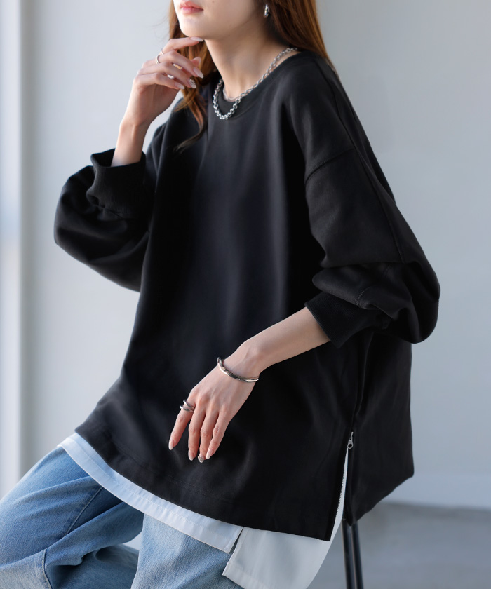 スウェット ファスナー スリット トップス ロング トレーナー プルオーバー ラグランスリーブ ドロップショルダー 切り替え 無地 長袖 長い リブ | HUG.U | 07