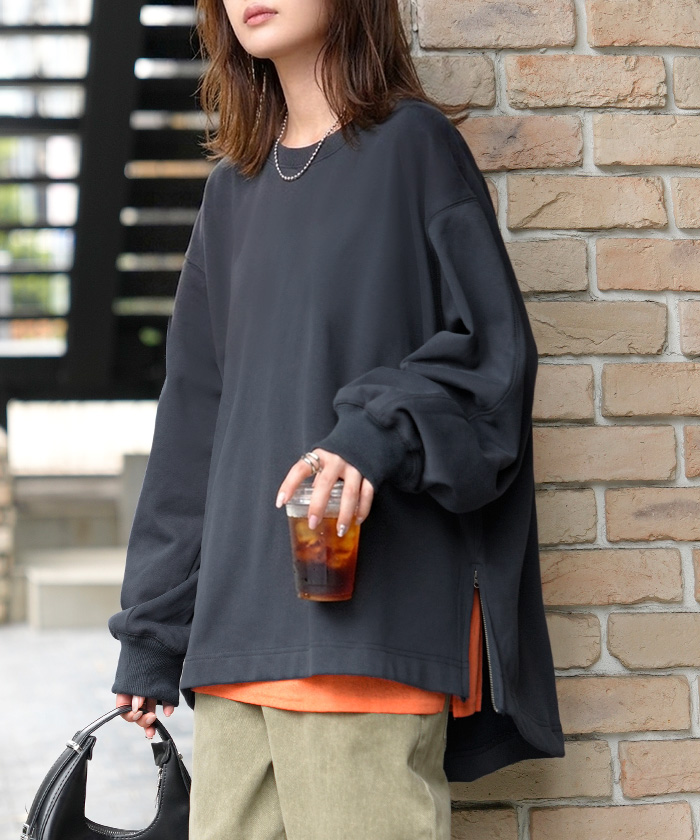 スウェット ファスナー スリット トップス ロング トレーナー プルオーバー ラグランスリーブ ドロップショルダー 切り替え 無地 長袖 長い リブ | HUG.U | 02