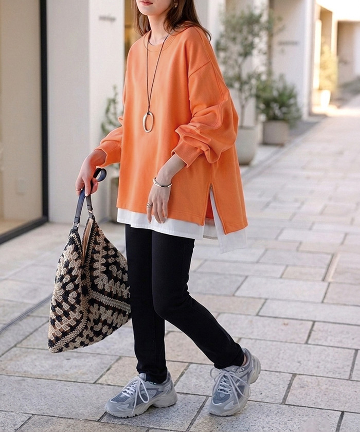 スウェット ファスナー スリット トップス ロング トレーナー プルオーバー ラグランスリーブ ドロップショルダー 切り替え 無地 長袖 長い リブ | HUG.U | 04