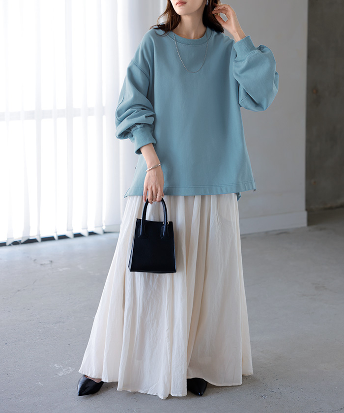 スウェット ファスナー スリット トップス ロング トレーナー プルオーバー ラグランスリーブ ドロップショルダー 切り替え 無地 長袖 長い リブ | HUG.U | 05