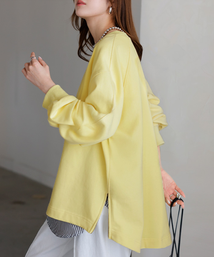 スウェット ファスナー スリット トップス ロング トレーナー プルオーバー ラグランスリーブ ドロップショルダー 切り替え 無地 長袖 長い リブ | HUG.U | 06