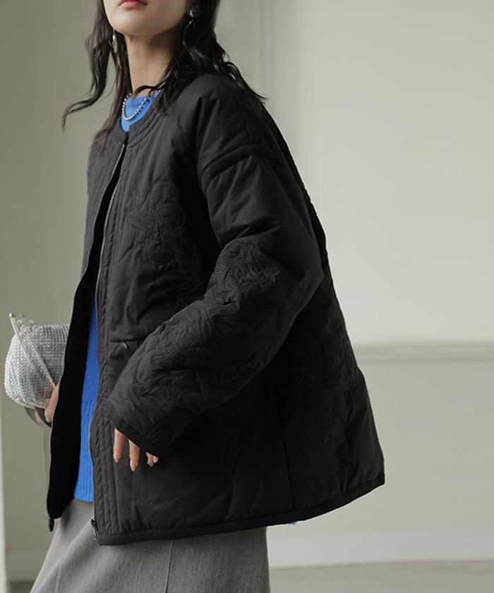 ジャケット キルティング 中綿 綿100 刺繍 アウター レディース パーカー ブルゾン オーバー コート 花柄 羽織 ノーカラー コットン ポケット オーバーサイズ | HUG.U | 02