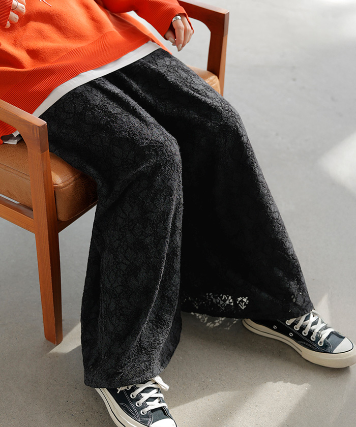 パンツ ワイド ベロア レース ワイドパンツ レディース ロング ロングパンツ 透け ボトムス ボトム ズボン | HUG.U | 02
