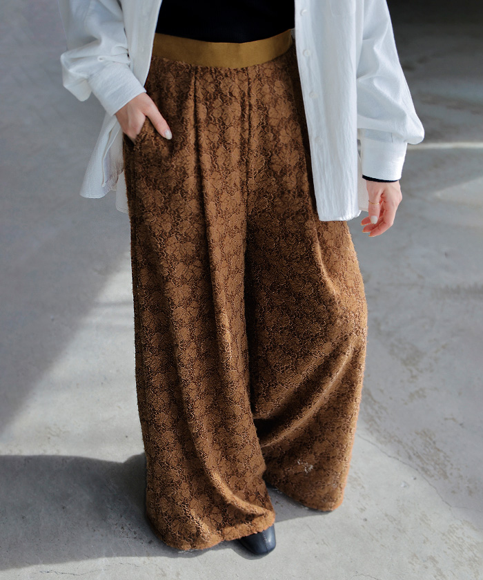 パンツ ワイド ベロア レース ワイドパンツ レディース ロング ロングパンツ 透け ボトムス ボトム ズボン | HUG.U | 01
