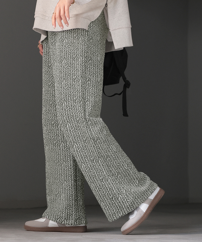 パンツ ジャガード ワイドパンツ レディース ヘリンボーン ワイド ロング ロングパンツ 太い 柄 総柄 ボトムス | HUG.U | 01