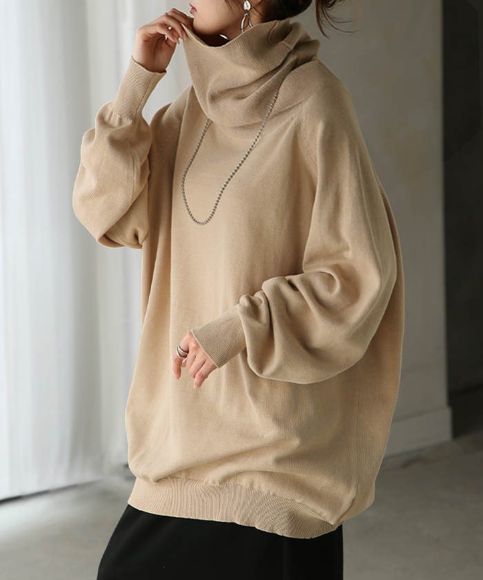 ニット ロング 綿100％ レディース トップス セーター オーバー プルオーバー タートルネック ハイネック 長袖 | HUG.U | 05