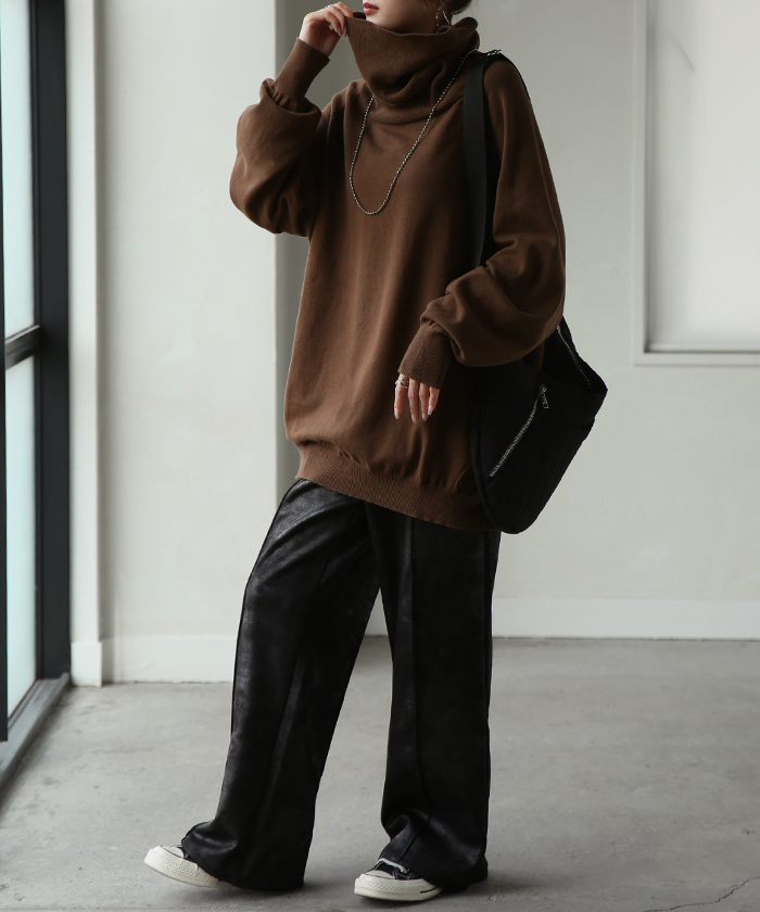 ニット ロング 綿100％ レディース トップス セーター オーバー プルオーバー タートルネック ハイネック 長袖 | HUG.U | 08