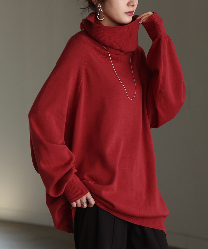 ニット ロング 綿100％ レディース トップス セーター オーバー プルオーバー タートルネック ハイネック 長袖 | HUG.U | 07