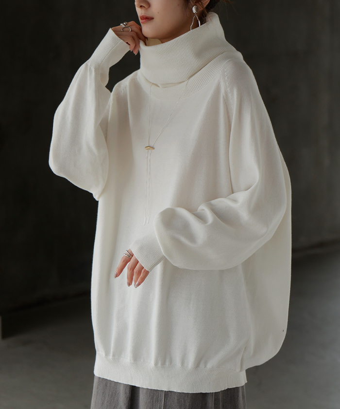 ニット ロング 綿100％ レディース トップス セーター オーバー プルオーバー タートルネック ハイネック 長袖 | HUG.U | 01