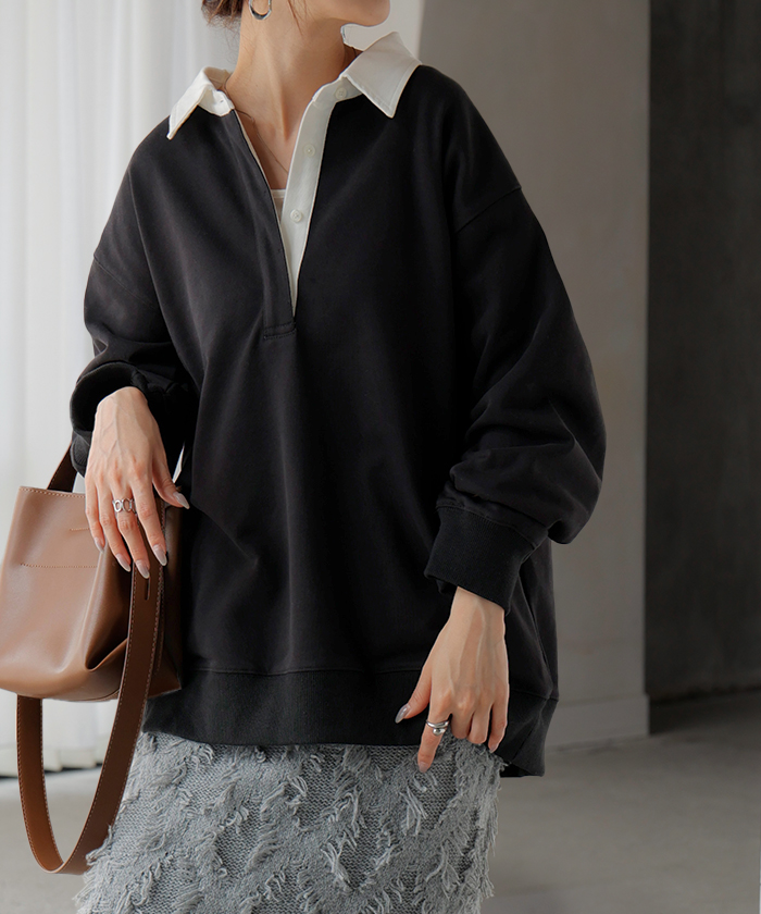 ラガーシャツ スウェット チュニック レディース トップス ロング トレーナー オーバー プルオーバー 無地 長袖 襟 シャツ ドルマン Vネック オーバーサイズ | HUG.U | 05