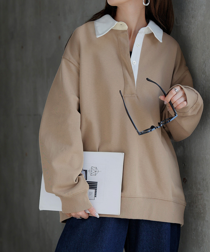 ラガーシャツ スウェット チュニック レディース トップス ロング トレーナー オーバー プルオーバー 無地 長袖 襟 シャツ ドルマン Vネック オーバーサイズ | HUG.U | 01