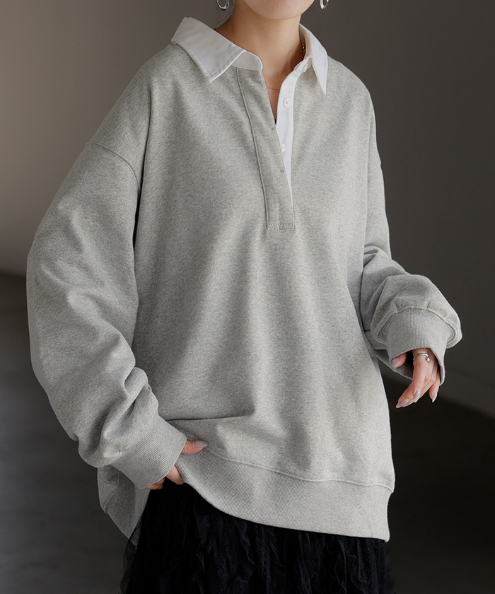 ラガーシャツ スウェット チュニック レディース トップス ロング トレーナー オーバー プルオーバー 無地 長袖 襟 シャツ ドルマン Vネック オーバーサイズ | HUG.U | 02