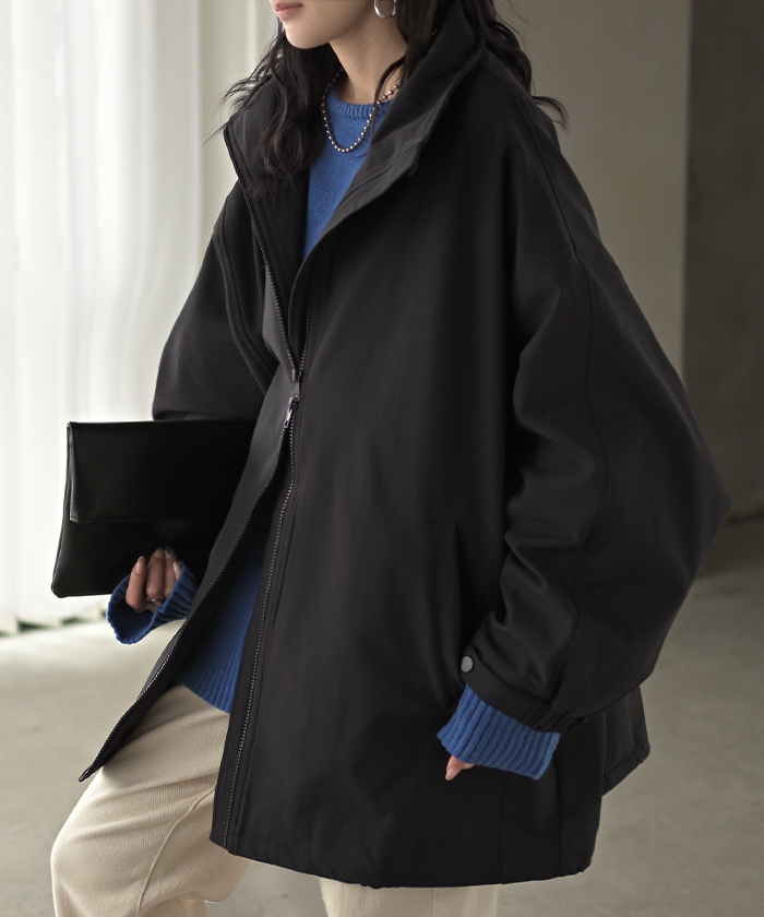 ジャケット ロング ドルマン フリース あったか レディース アウター トップス オーバー お尻が隠れる ジャンパー コート 無地 微撥水 コクーン スタンドネック | HUG.U | 02