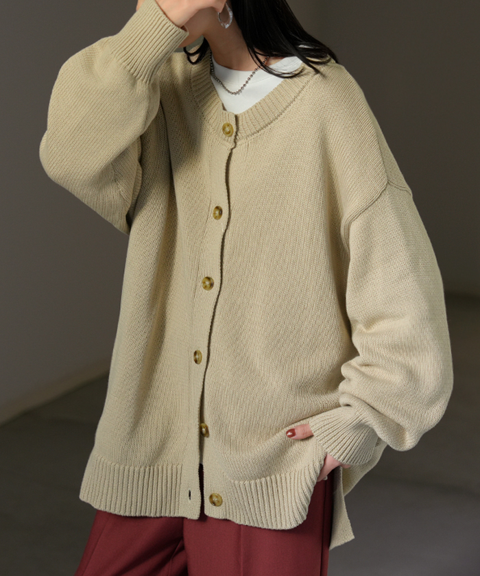 ニット カーディガン 綿100 レディース トップス ロング カーデ セーター オーバー ニットカーディガン 長袖 長い 羽織 ちくちくしない クルーネック | HUG.U | 01