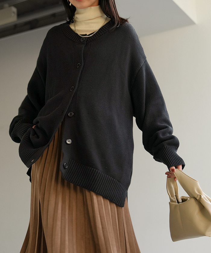 ニット カーディガン 綿100 レディース トップス ロング カーデ セーター オーバー ニットカーディガン 長袖 長い 羽織 ちくちくしない クルーネック | HUG.U | 06