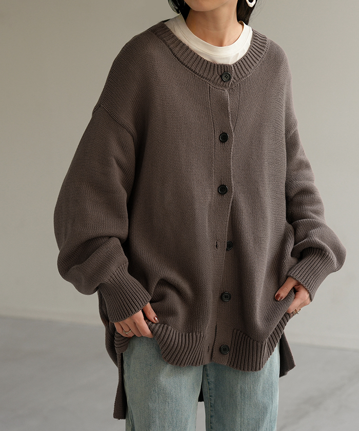 ニット カーディガン 綿100 レディース トップス ロング カーデ セーター オーバー ニットカーディガン 長袖 長い 羽織 ちくちくしない クルーネック | HUG.U | 03