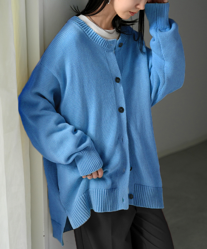 ニット カーディガン 綿100 レディース トップス ロング カーデ セーター オーバー ニットカーディガン 長袖 長い 羽織 ちくちくしない クルーネック | HUG.U | 04