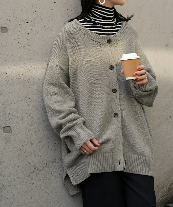 ニット カーディガン 綿100 レディース トップス ロング カーデ セーター オーバー ニットカーディガン 長袖 長い 羽織 ちくちくしない クルーネック | HUG.U | 02