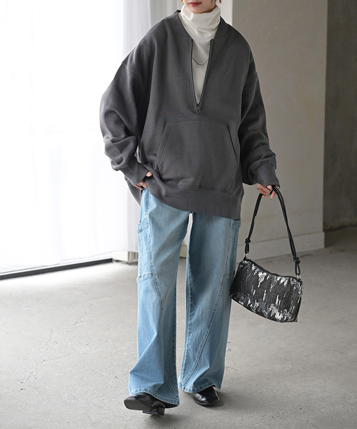 HUG.U（ハグユー） スウェット 裏起毛 ハーフジップ 綿100 レディース