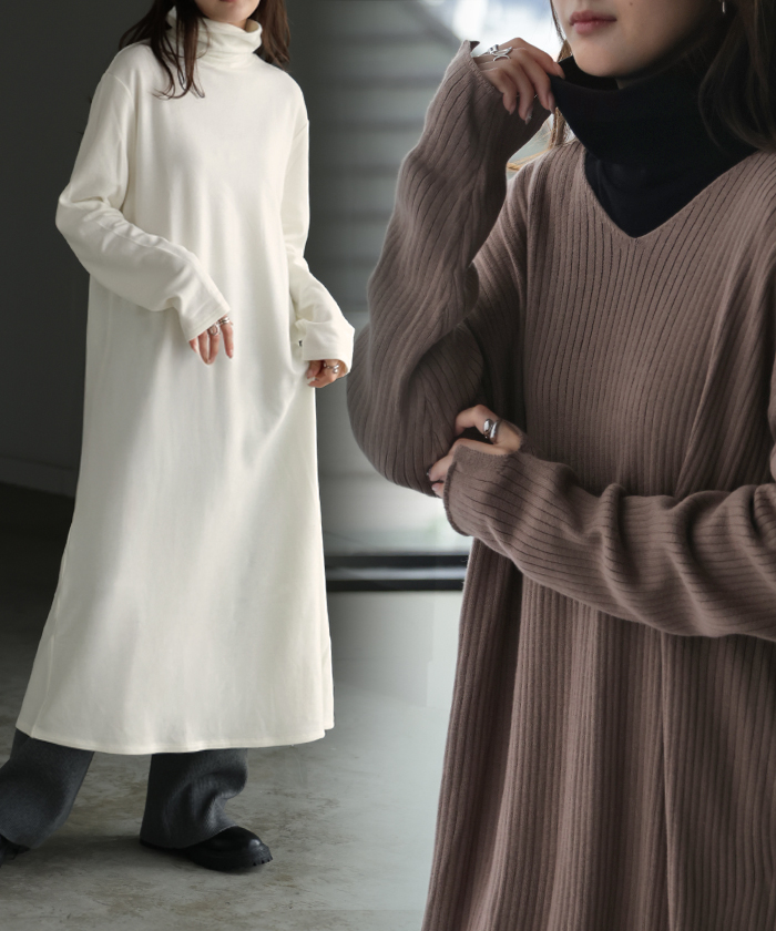 ワンピース インナー 吸湿 発熱 レディース ワンピ ロング レイヤード 微起毛 タートルネック ロングワンピ あったか ヒートインナー ストレッチ 体型カバー | HUG.U | 01