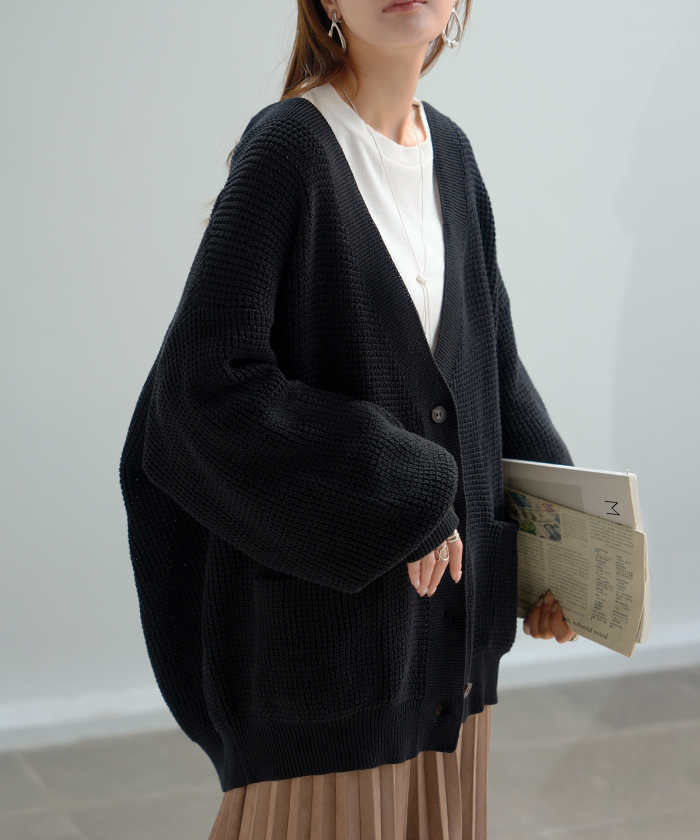 美品 HOUGA ホウガ lesson pullover ワッフルロングカーディガン ブラック レディース 古着 中古 USED HUG.U（ハグユー） カーディガン ワッフル 綿100 ロング レディース