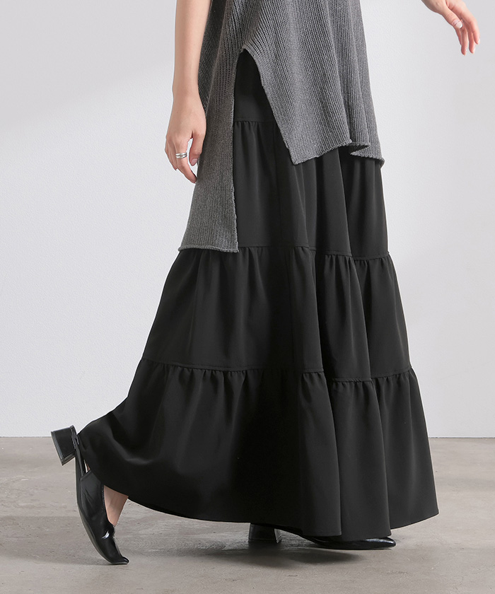 スカート ロング ティアードスカート ティアード Aライン レディース ロングスカート ボトムス ボトム フレア フレアスカート シワになりにくい ウエスト ゴム | HUG.U | 05
