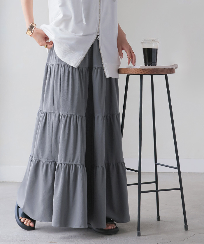 スカート ロング ティアードスカート ティアード Aライン レディース ロングスカート ボトムス ボトム フレア フレアスカート シワになりにくい ウエスト ゴム | HUG.U | 04