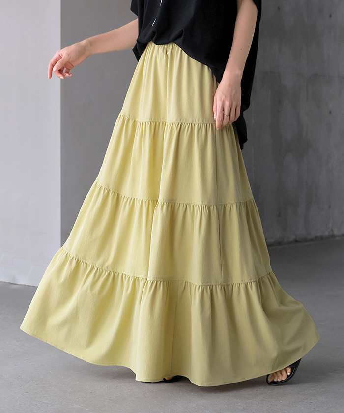 スカート ロング ティアードスカート ティアード Aライン レディース ロングスカート ボトムス ボトム フレア フレアスカート シワになりにくい ウエスト ゴム | HUG.U | 02