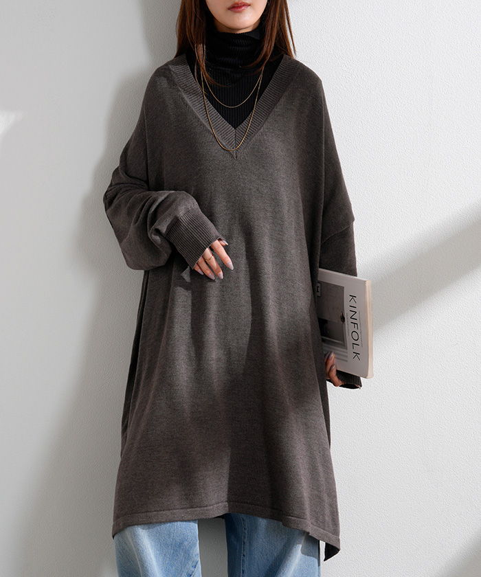 ニット ロング Vネック レディース トップス チュニック セーター オーバー プルオーバー 長袖 ドルマン ドルマンスリーブ ポケット スリット チクチクしない | HUG.U | 02